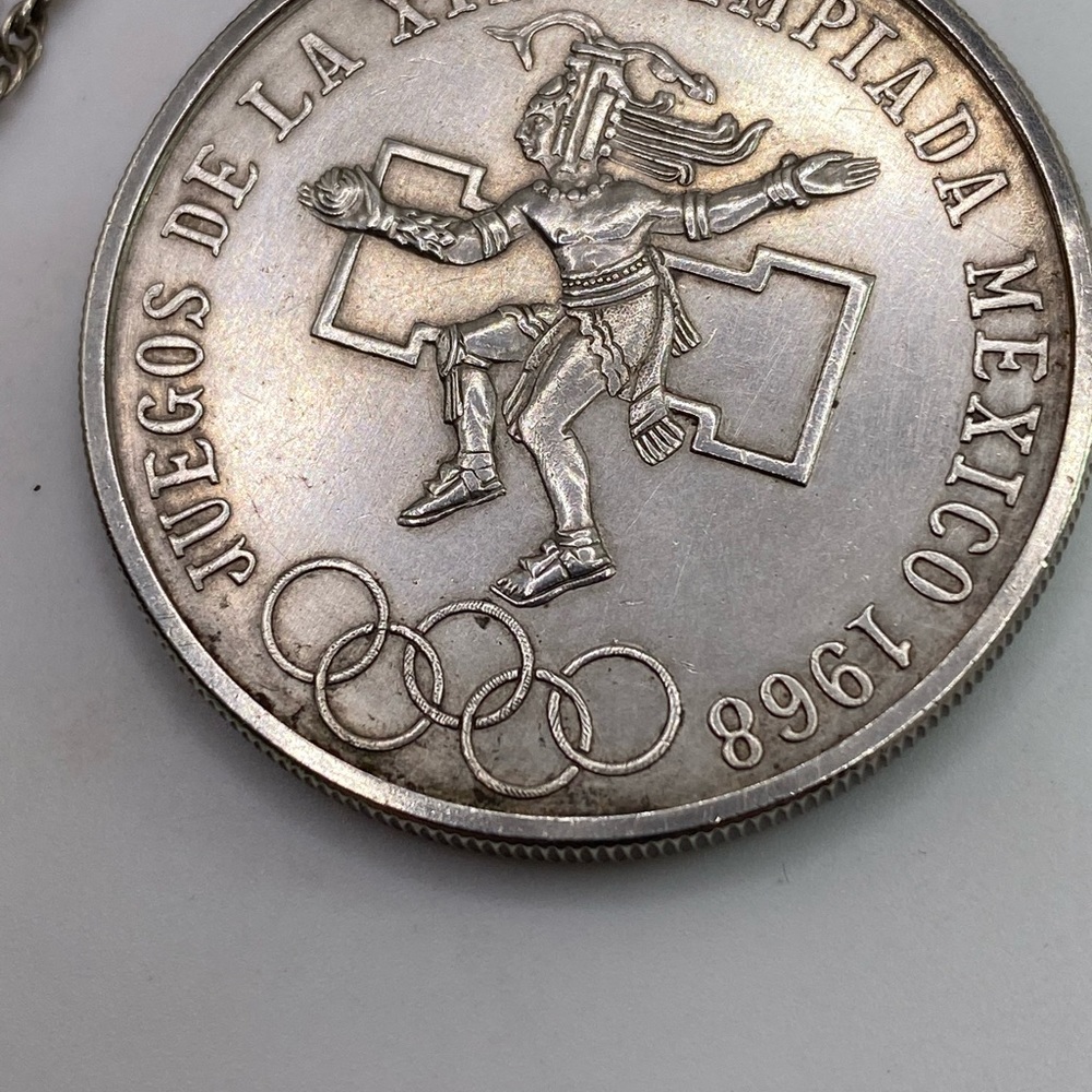 1968 Vintage Sterling Necklace Mexican Olympics 25 Peso Coin in Wrap 24” Chain - Picture 12 of 14